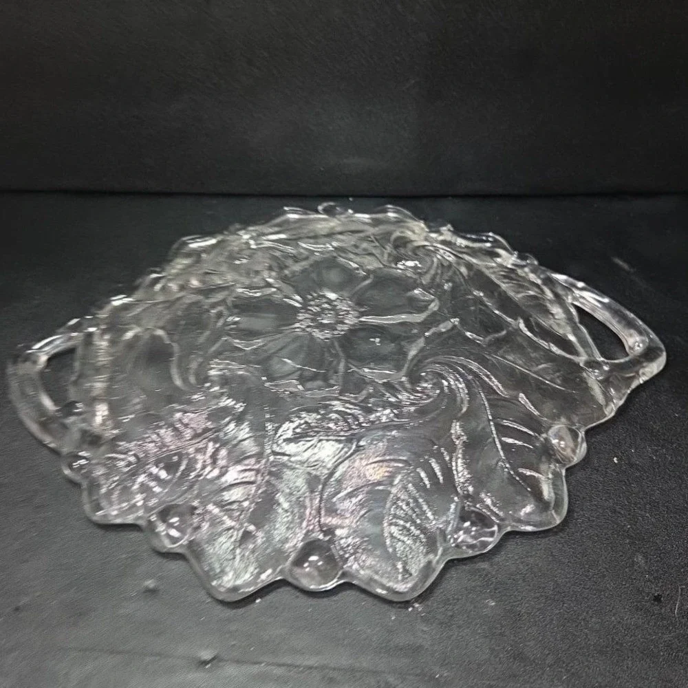 Indiana Glass‎ Handled Serving Tray, Vtg Embossed Wild Roses Design, Centerpiece